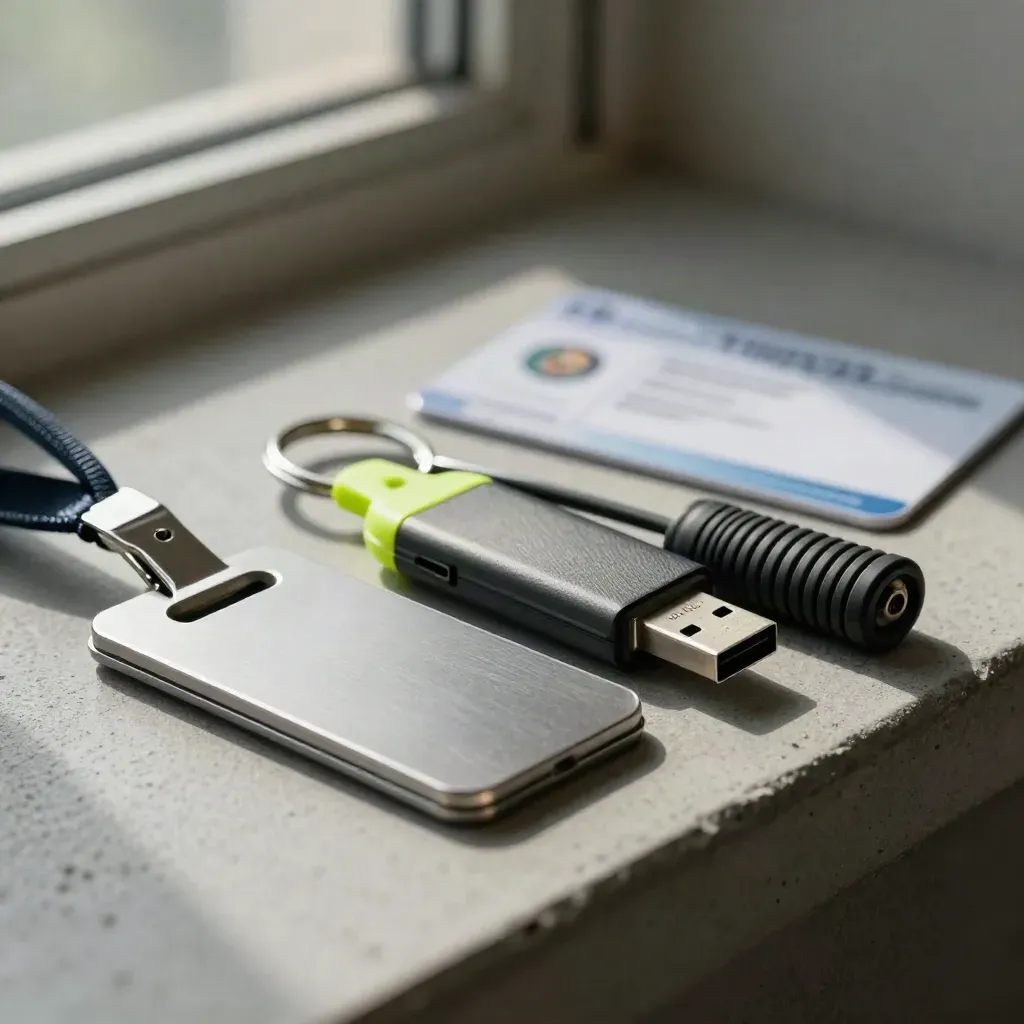 Makro aluminiowego klipsa, obudowy breloka i pendrive’a na szarym betonowym blacie.
