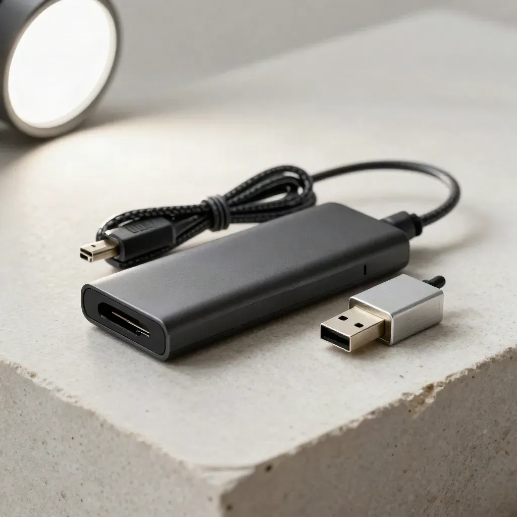 Makro zestawu sprzętowego: czarny hub USB, opleciony kabel i aluminiowy adapter na jasnym kamieniu.
