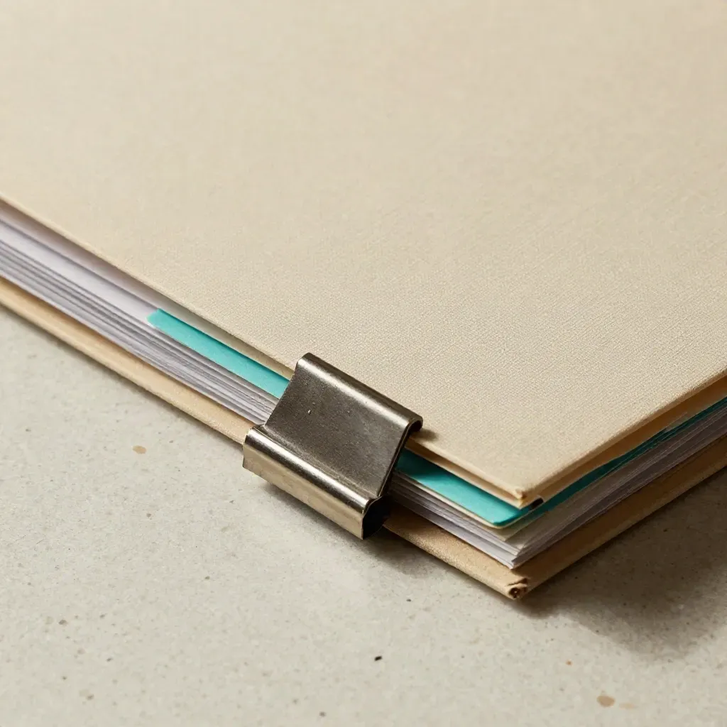 Linenowy folder archiwum z metalowymi klipsami i przekładkami na jasnym trawertynie.