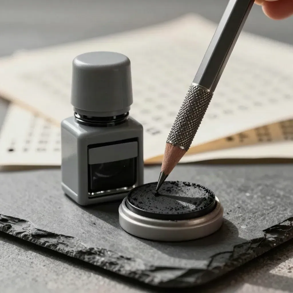 Grafitowy ołówek, stempel korekcyjny i poduszka z tuszem na ciemnym kamieniu.